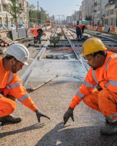 Deux ouvriers travail sur un chantier d'installation de rails d'un tramway