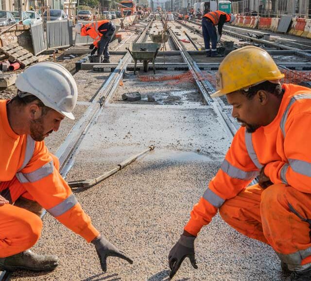 Deux ouvriers travail sur un chantier d'installation de rails d'un tramway