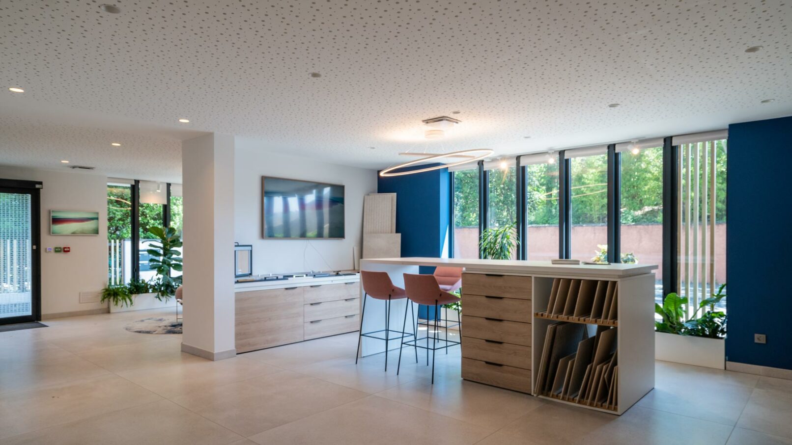 Image du showroom du siège social de la société Envol à Montpellier, France. Le showroom est spacieux et lumineux. Il est décoré de plantes et d'œuvres d'art. Il présente les produits et services de la société.